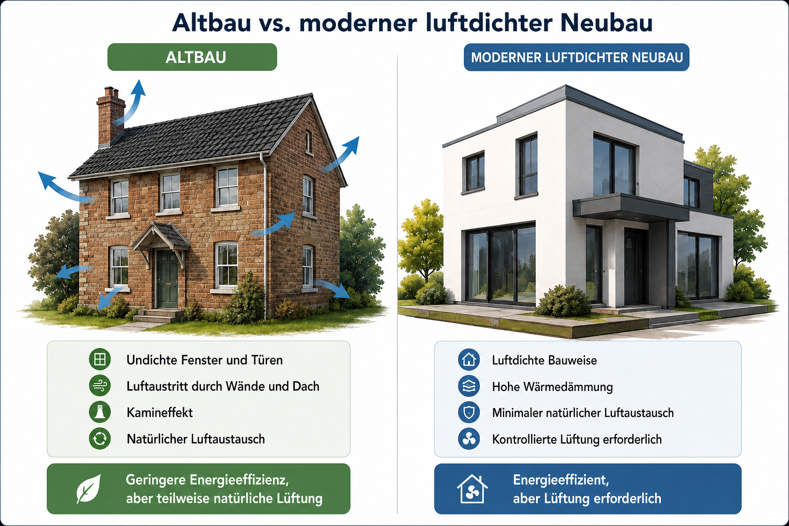 Altbau und luftdichter Neubau im Vergleich