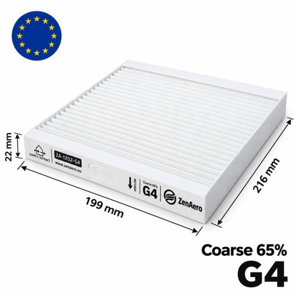 Maßzeichnung der G4 Ersatzfilter 216x199x22 mm für Brofer RDCD25SK