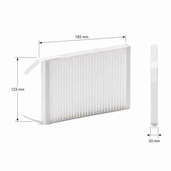 comfospot-50-mit-filter-abmessungen.jpg Zehnder ComfoSpot 50 – Kompatibles Ersatzfilterset, 2 Filter: ePM1 (F7) + ISO Coarse (G4), 182 × 123 × 20 mm