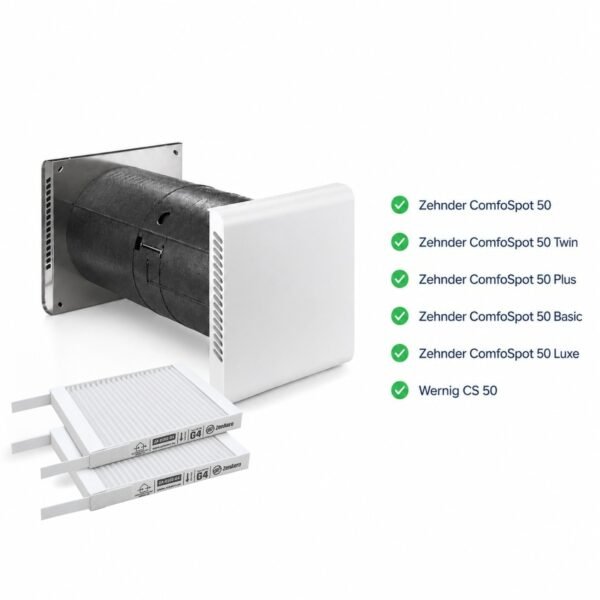 comfospot 50 mit filter f7 lueftungsanlage filter Zehnder ComfoSpot 50 Lüftungsgerät mit kompatiblem G4 + G4 Ersatzfilterset 527005390