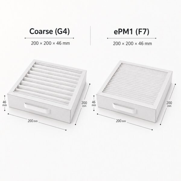 Aerauliqa QR180A / QR180M / QR180PH / QR230E – Kompatibles Ersatzfilterset, 2 Filter: ePM1 60% (F7) + ISO Coarse (G4), 200 × 200 × 46 mm