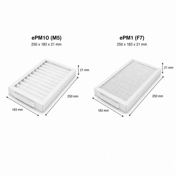 dimensioni-filtri-aerauliqa-qr280-250x183x21.jpg Aerauliqa QR280A / QR280E / QR280M / QR280PH – Kompatibles Ersatzfilterset, 2 Filter: ePM1 60% (F7) + ePM10 60% (M5), 250 × 183 × 21 mm