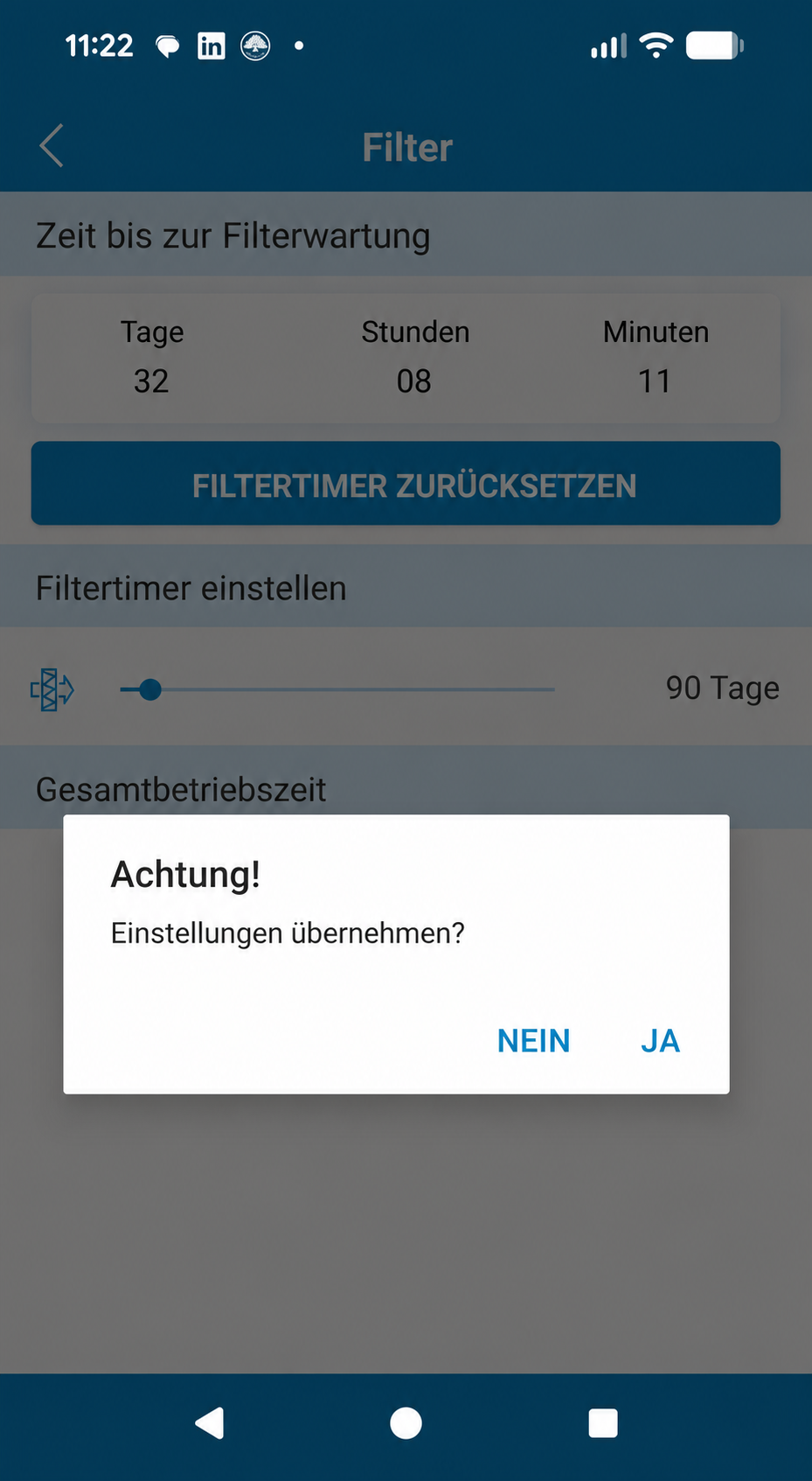 Bestätigung zum Zurücksetzen des Filtertimers