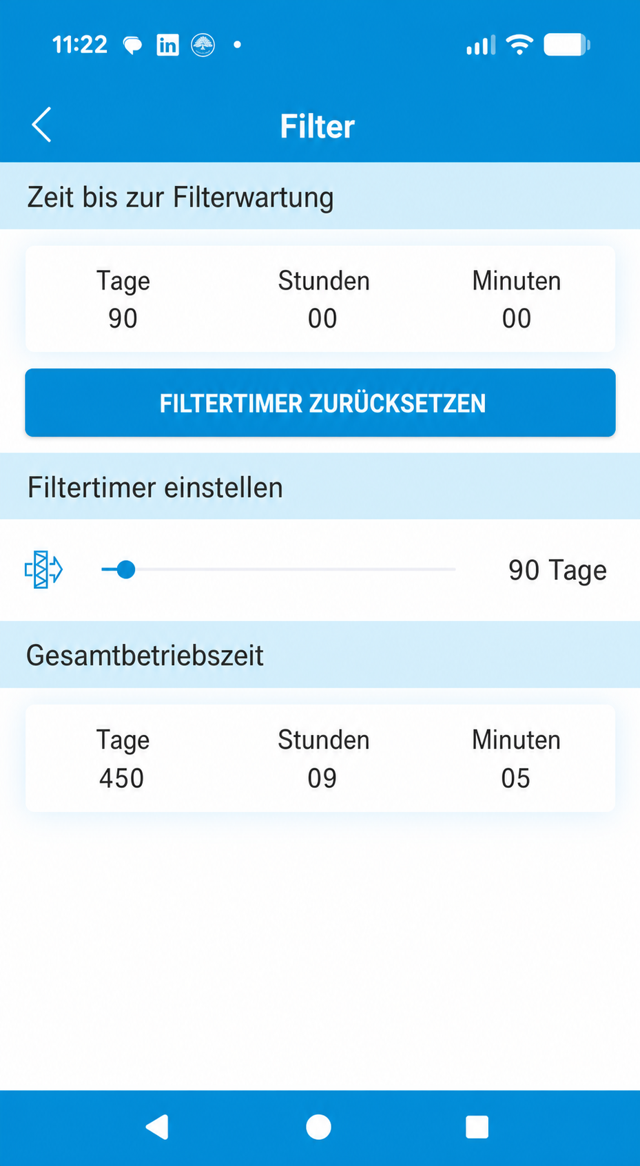 Erfolgreich zurückgesetzter Filtertimer