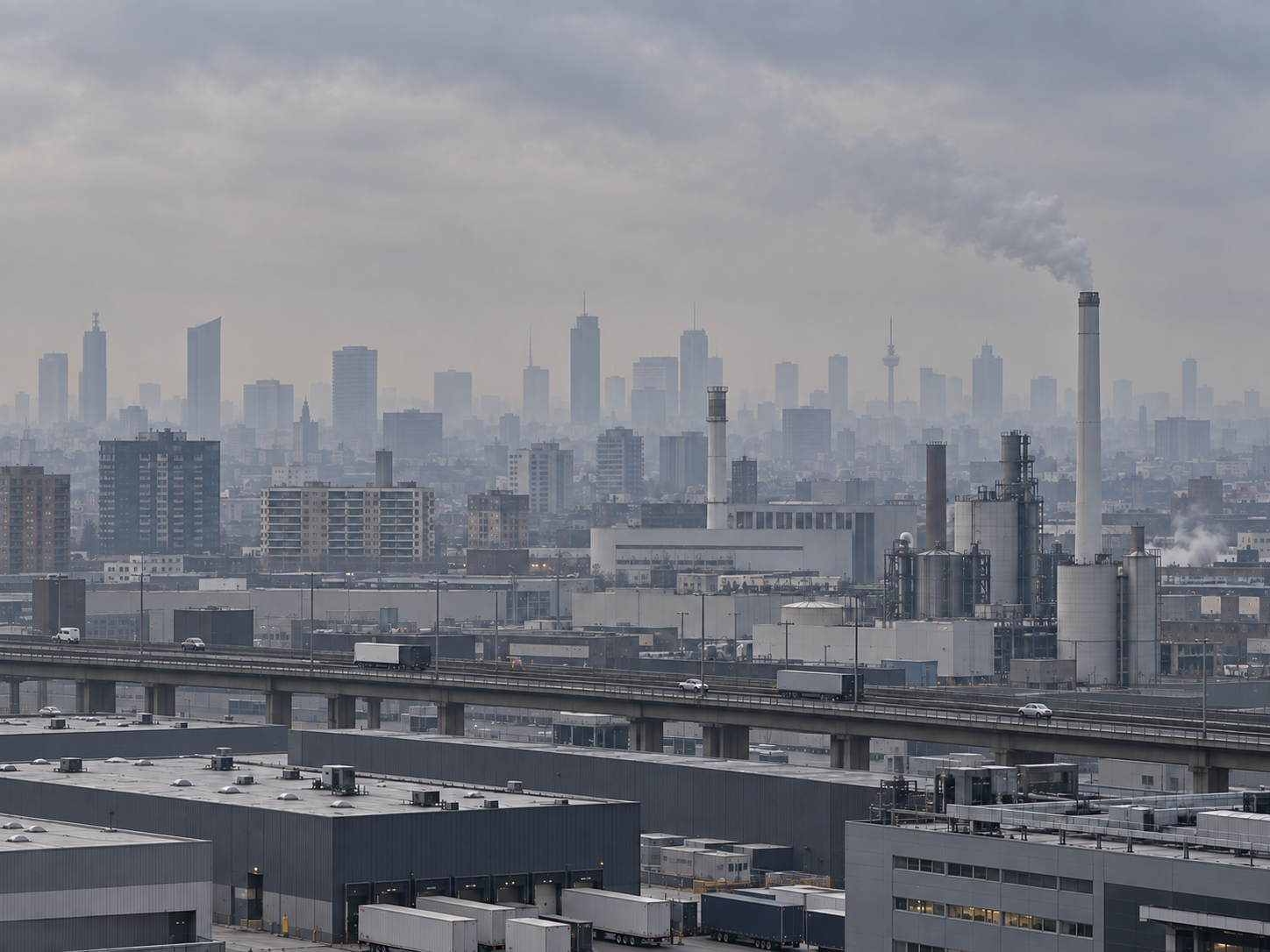 Contaminación y polvo fino sobre una zona industrial europea moderna