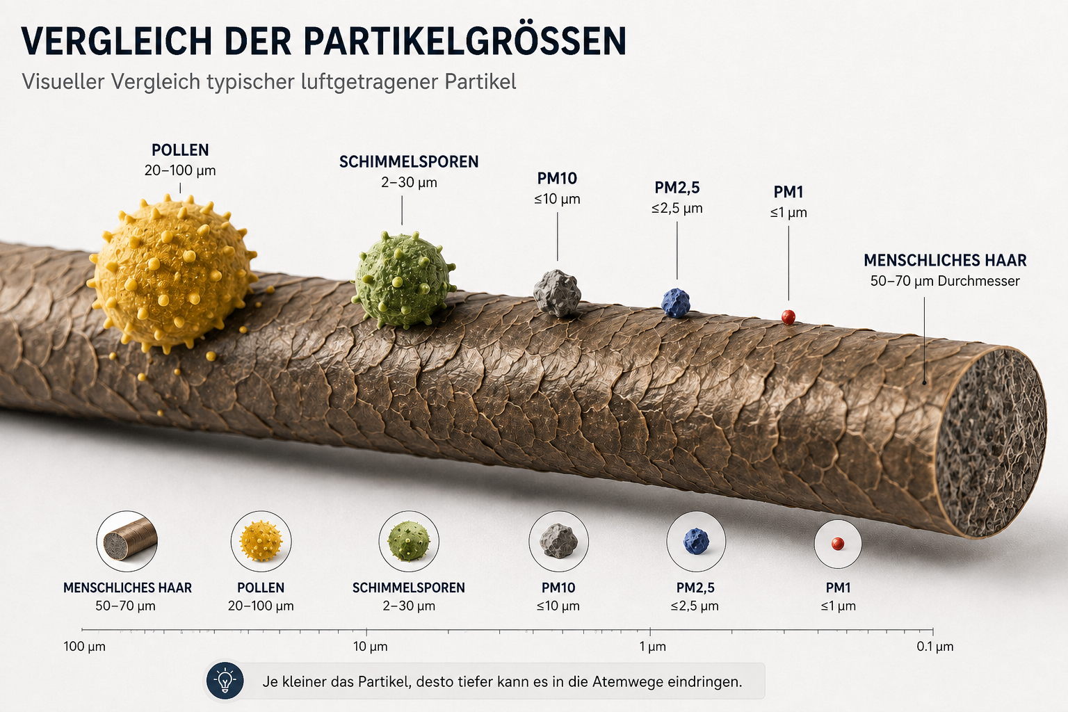 Größenvergleich typischer Luftschadstoffe