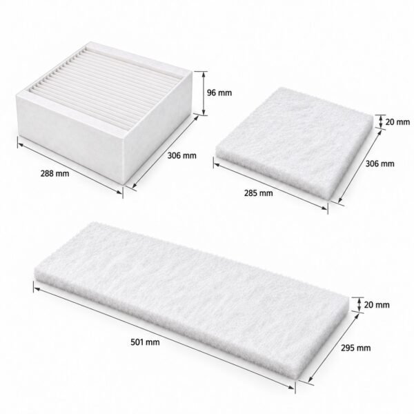 valloplus-510-vallox-145-filterset-abmessungen Drei Ersatzfilter für ValloPlus 510 und Vallox 145 mit den Maßen 288 × 306 × 96 mm, 285 × 306 × 20 mm und 295 × 501 × 20 mm