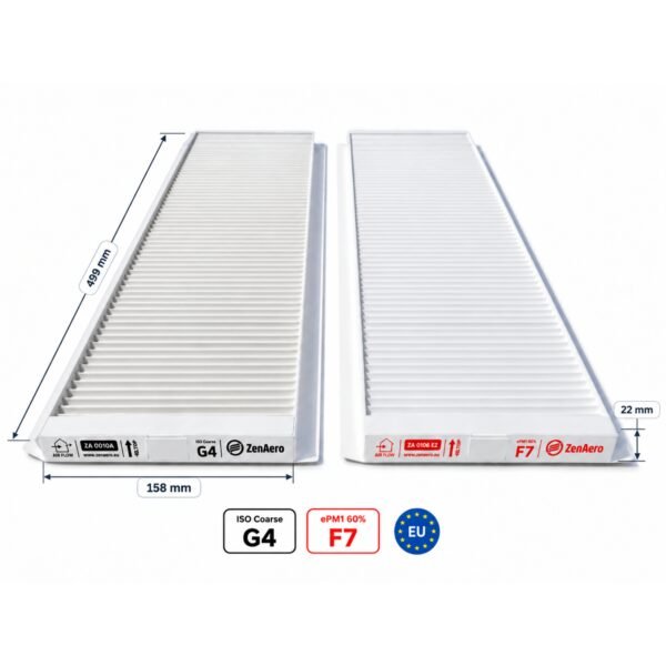 Abmessungen der Zehnder ComfoAir Q 350 / 450 / 600 Ersatzfilter F7 + G4 – 499 × 158 × 22 mm